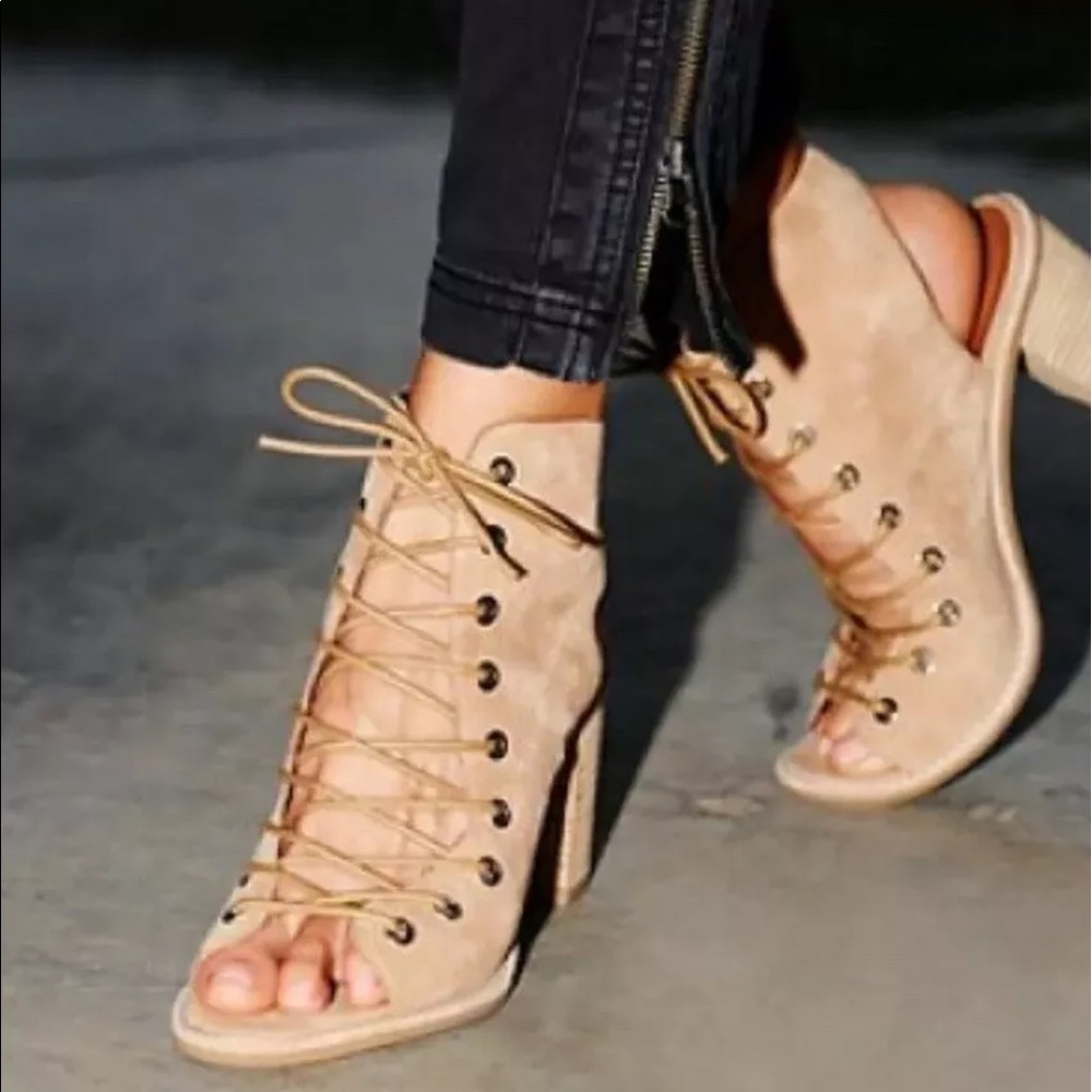 Jeffrey Campbell Tan Suede Lace-Up Peep-Toe Block Heel Sandals